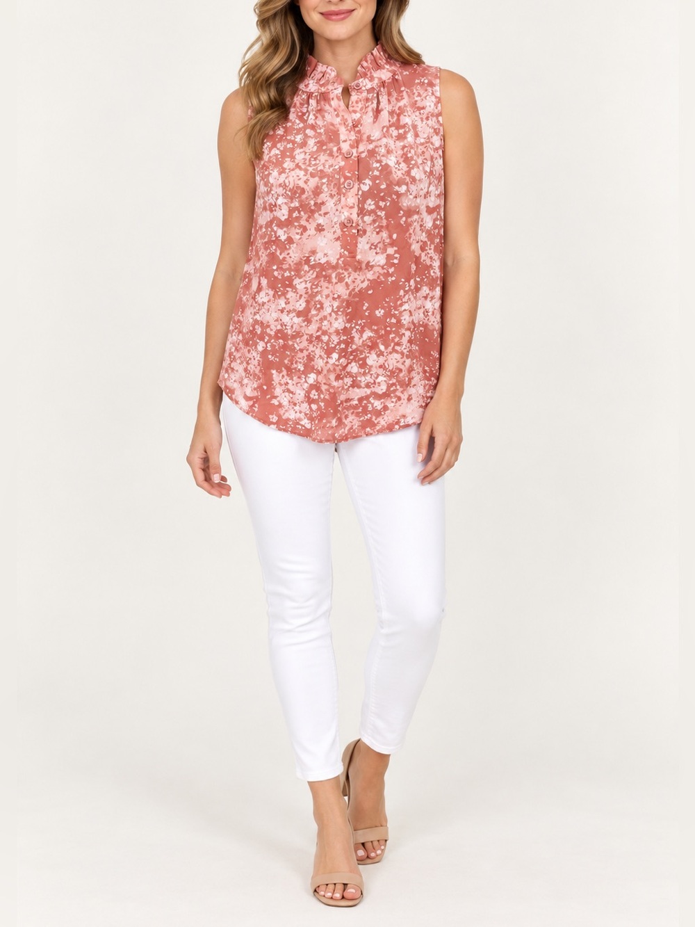 SIMPLY VERA DUSTY ROSE FLORAL RUFFLE COLLAR HENLEY TOP | SIZE SMALL